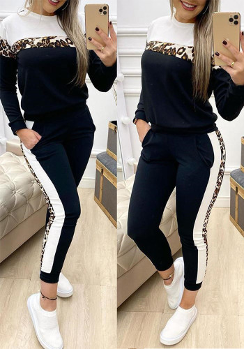 Women's Leopard Print Patchwork Casual Long-Sleeved Two Piece Pants Set