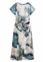 Spring Women's Tie-Dye Printed Satin Dress