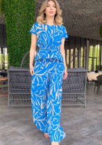 Women's Spring Summer Fashion Print Lace-Up Waist Top High Waist Wide Leg Pants Two-Piece Set