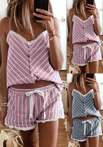 Summer Stripes Printed Strap Pajamas Two-Piece Home Clothes Set