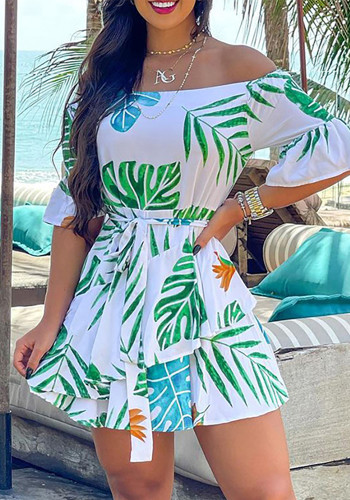Women's White Printed Off Shoulder Casual Dress With Belt