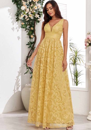 Sleeveless Lace V-Neck Elegant Evening Dress A-Line Party Dress