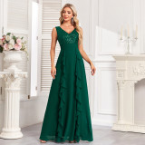 Sequined Patchwork Chiffon V-Neck Sleeveless Ruffled A-Line Evening Dress