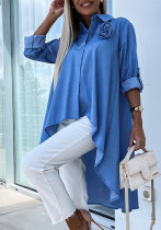 Women's Blue Long-Sleeved Flower Irregular Loose Shirt