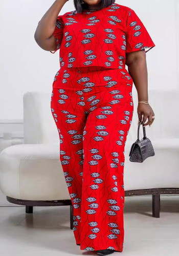 Plus Size Women Red Print Top and Pant Two-piece Set