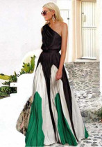 Women Contrast Patchwork Off-Shoulder Print Maxi Dress