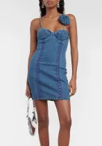 Women Elegant Shoulder Flower Decoration Denim Dress