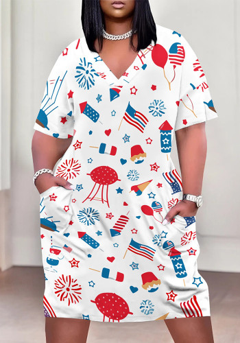 Plus Size Women American Flag V-Neck Pocket Loose Dress
