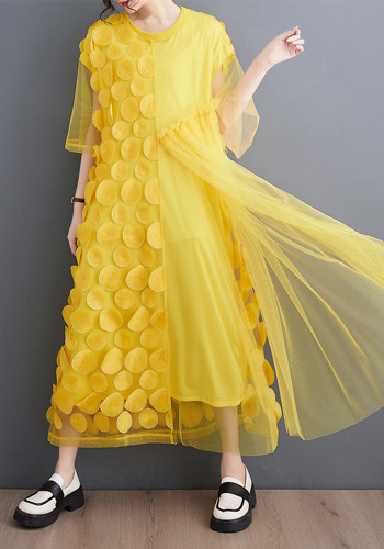 Summer Plus Size Women Polka Dot Mesh Patchwork Irregular Maxi Dress