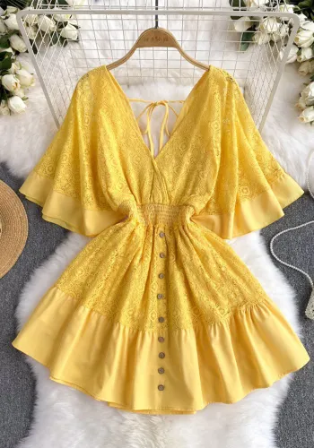 Women Holidays Summer Sexy V-Neck LaceBell Bottom Sleeve Dress