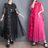 Summer Plus Size Women Polka Dot Mesh Patchwork Irregular Maxi Dress