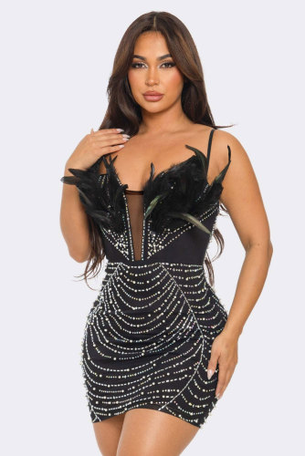 Sexy Beaded Feather Pearl Strap Bodycon Dress
