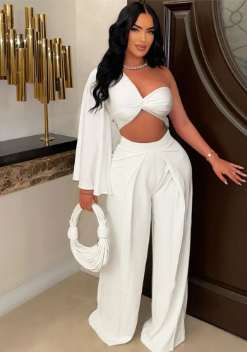 Women Casual Solid One-Shoulder Pleated Top and Pant Two-Piece Set