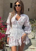 Women Print Long Sleeve Lace Dress
