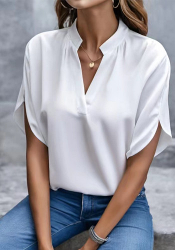 Women Summer Casual Solid V-neck Loose Shirt