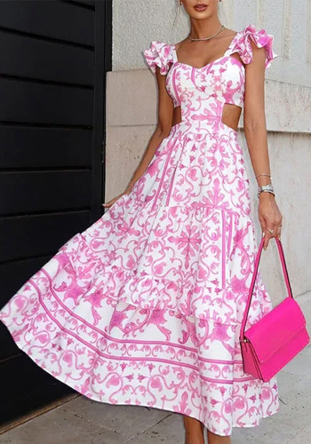 Women Summer Pad Shoulder Print Elegant Hollow Maxi Dress