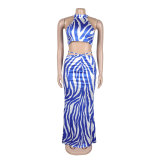Women Striped Crop Top and Long Skirt Two Piece Set