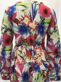 Summer Lantern Sleeve Sexy Deep V Neck Leaf Print Long Dress