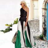 Women Contrast Patchwork Off-Shoulder Print Maxi Dress