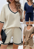 Spring And Summer Women's Casual Loose V Neck Sweater Shorts Set