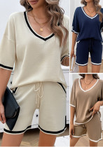 Spring And Summer Women's Casual Loose V Neck Sweater Shorts Set