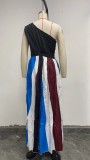 Women Contrast Patchwork Off-Shoulder Print Maxi Dress