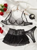 Women Floral Embroidery See-Through Mesh Sexy Lace-Up Short Skirt Sexy Lingerie Three-Piece