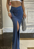Summer Solid Color Slim Flower Split Long Skirt