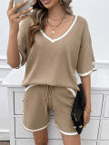 Spring And Summer Women's Casual Loose V Neck Sweater Shorts Set