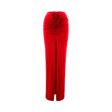 Summer Solid Color Slim Flower Split Long Skirt