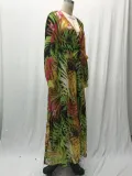 Summer Lantern Sleeve Sexy Deep V Neck Leaf Print Long Dress