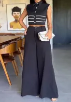Women's Autumn Fashion Turndown Collar Sleeveless Top Pants Two-Piece Set