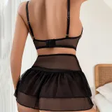 Women Floral Embroidery See-Through Mesh Sexy Lace-Up Short Skirt Sexy Lingerie Three-Piece