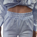 Women's Spring Summer Fashion Casual Striped Button Turndown Collar Shirt Shorts Two-Piece Set