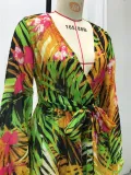 Summer Lantern Sleeve Sexy Deep V Neck Leaf Print Long Dress