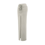 Summer Solid Color Slim Flower Split Long Skirt