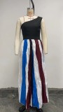 Women Contrast Patchwork Off-Shoulder Print Maxi Dress