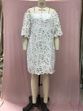 Spring Summer Solid Color Lace Half-Sleeve Off Shoulder Fashion Casual Dress