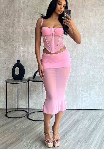 Sexy Solid Color Strap Slim Fit Vest Skirt Two-Piece Set