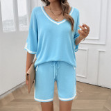 Spring And Summer Women's Casual Loose V Neck Sweater Shorts Set