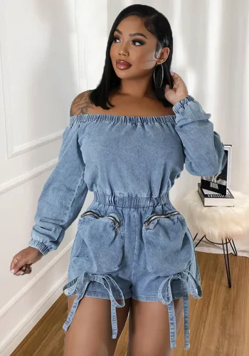 Sexy Off Shoulder Long Sleeve Elastic Waist Women's Pocket Denim Jumpsuit