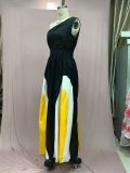 Women Contrast Patchwork Off-Shoulder Print Maxi Dress