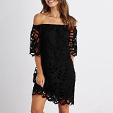 Spring Summer Solid Color Lace Half-Sleeve Off Shoulder Fashion Casual Dress
