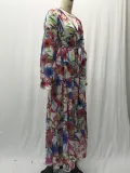 Summer Lantern Sleeve Sexy Deep V Neck Leaf Print Long Dress