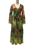 Summer Lantern Sleeve Sexy Deep V Neck Leaf Print Long Dress