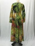 Summer Lantern Sleeve Sexy Deep V Neck Leaf Print Long Dress