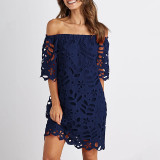 Spring Summer Solid Color Lace Half-Sleeve Off Shoulder Fashion Casual Dress