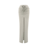 Summer Solid Color Slim Flower Split Long Skirt