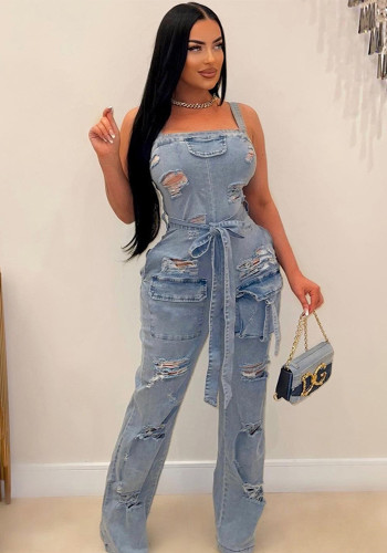 Women's Sexy Strap Trend Ripped Washed Denim Jumpsuit
