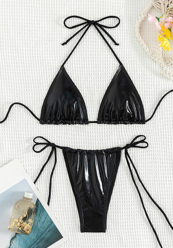 Solid Color Leather Triangle Sexy Female Bikini Swimsuit